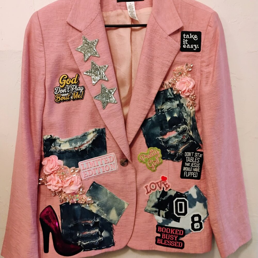 Pretty in Pink Size 16 blazer with patches - thrifted, dry cleaned and designed! - Picture 2 of 5